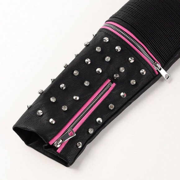 Pink Casual Women's Faux Leather Biker Jacket with Diamond Studs - Picture 7 of 8